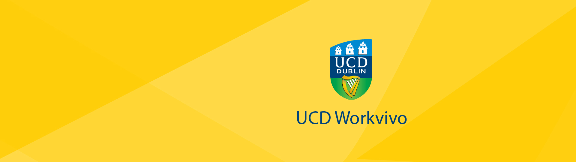 UCD Workvivo in blue text with the UCD logo above it, on a yellow background